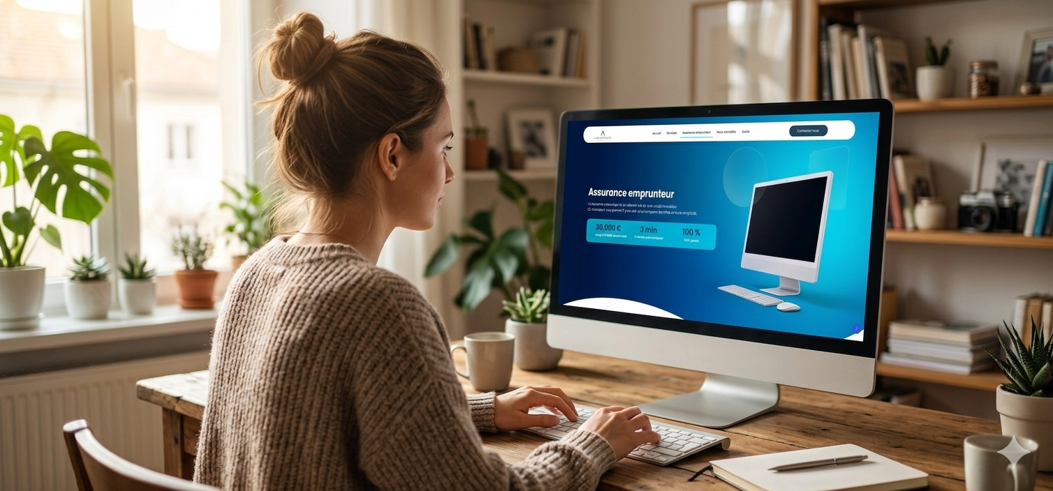 Femme consultant le comparateur assurance emprunteur crédit immobilier